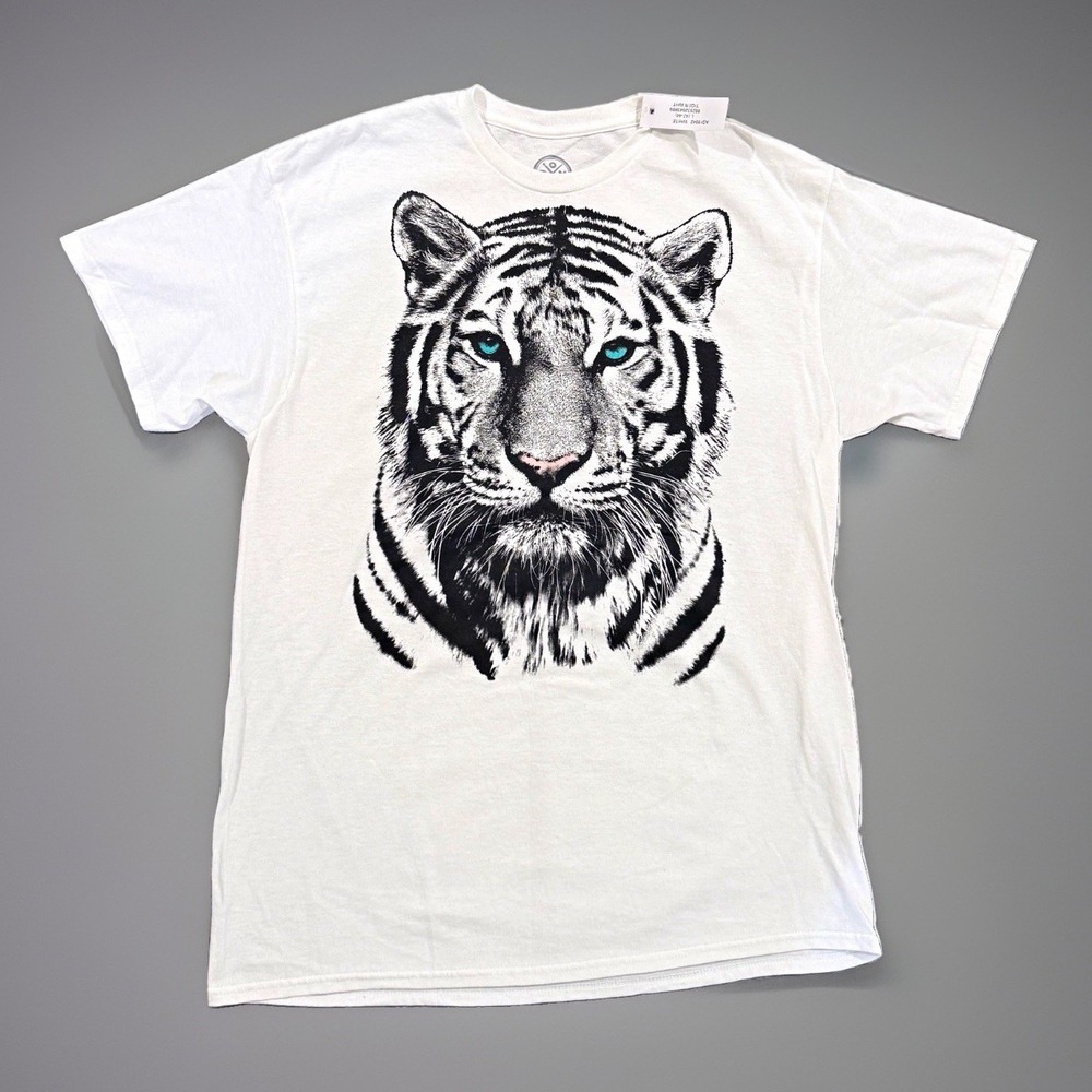 DOM White Tiger Face Graphic T Shirt Mens Large NWT Blue Eyes Animal Tee AG18942